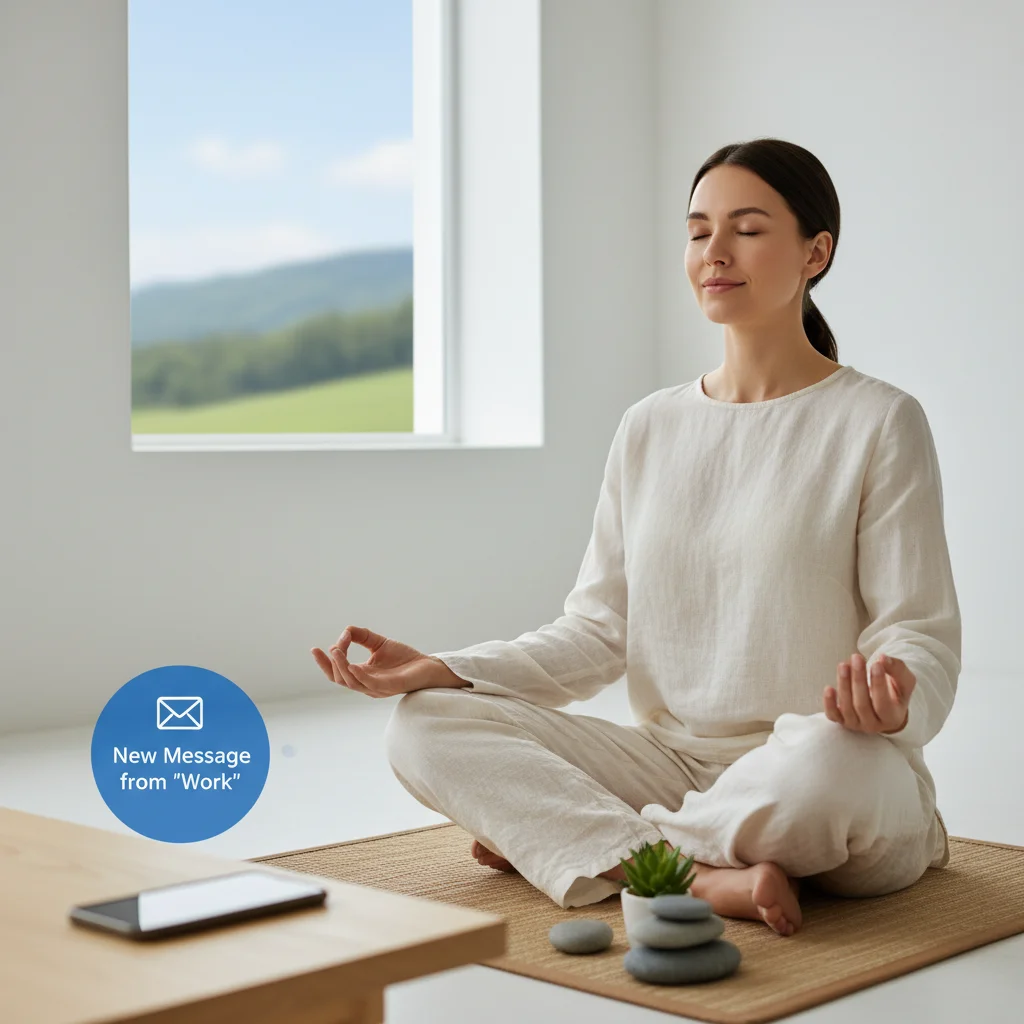 Persona meditando, ignorando notificaciones del smartphone.