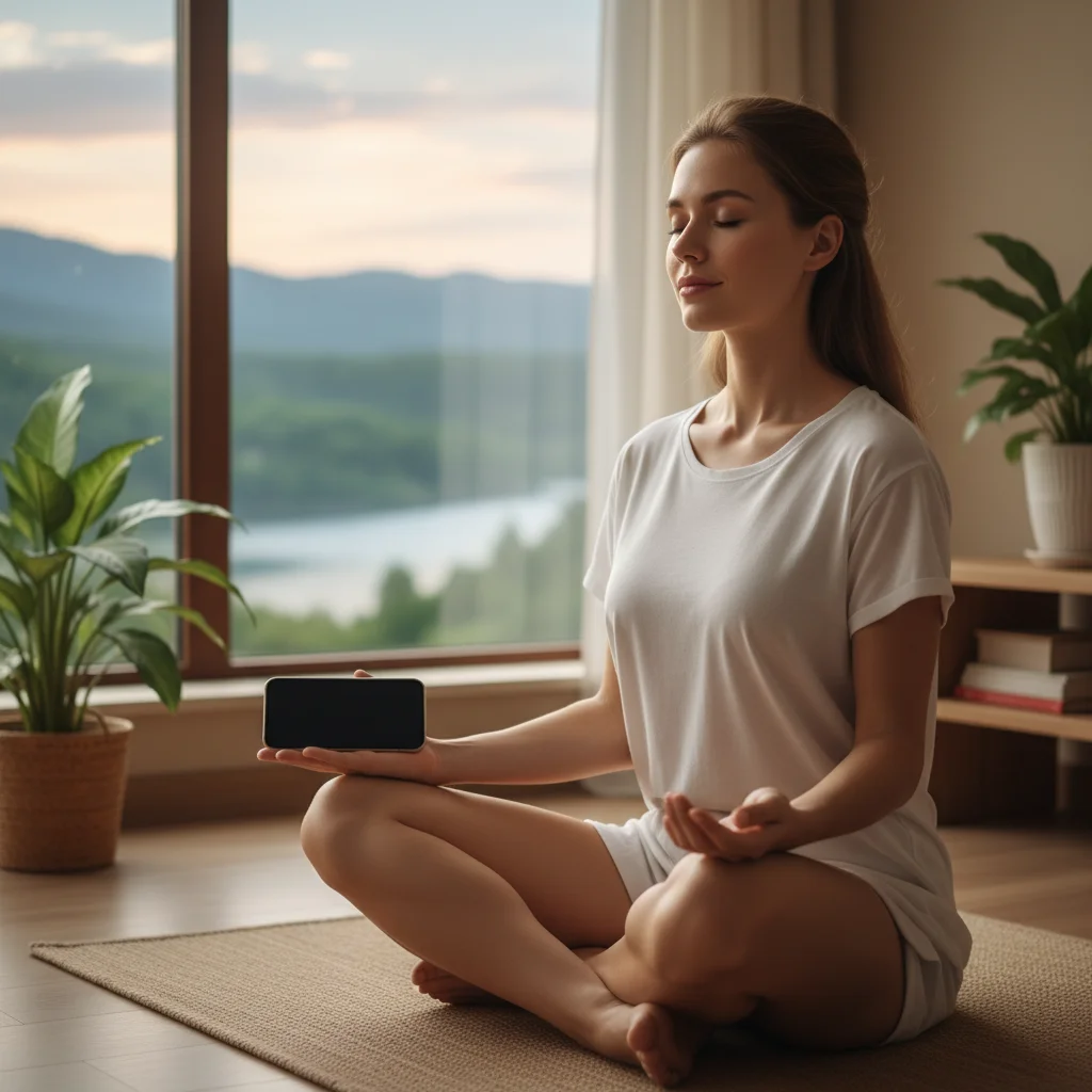 Persona meditando con celular apagado, representando la desconexión digital y el bienestar.
