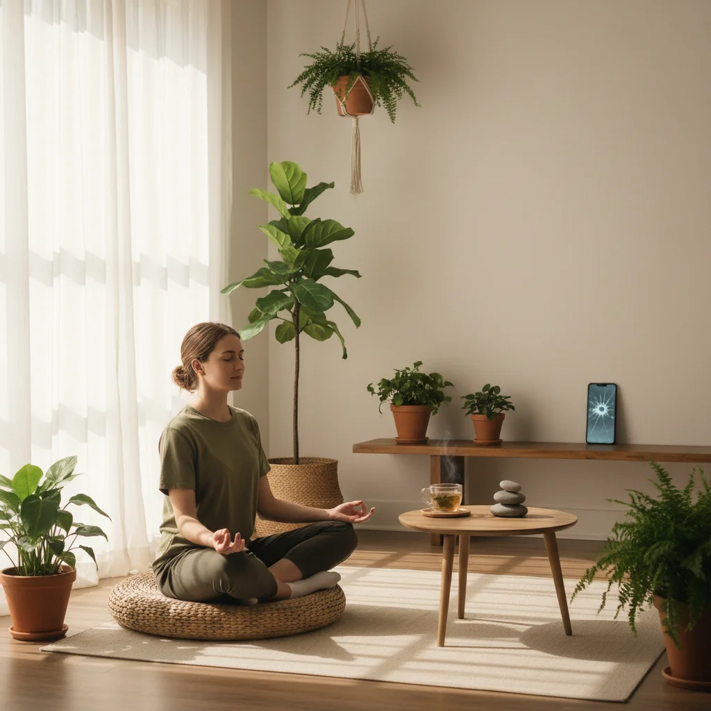 Persona meditando en un ambiente tranquilo, promoviendo la atención plena y el detox digital.