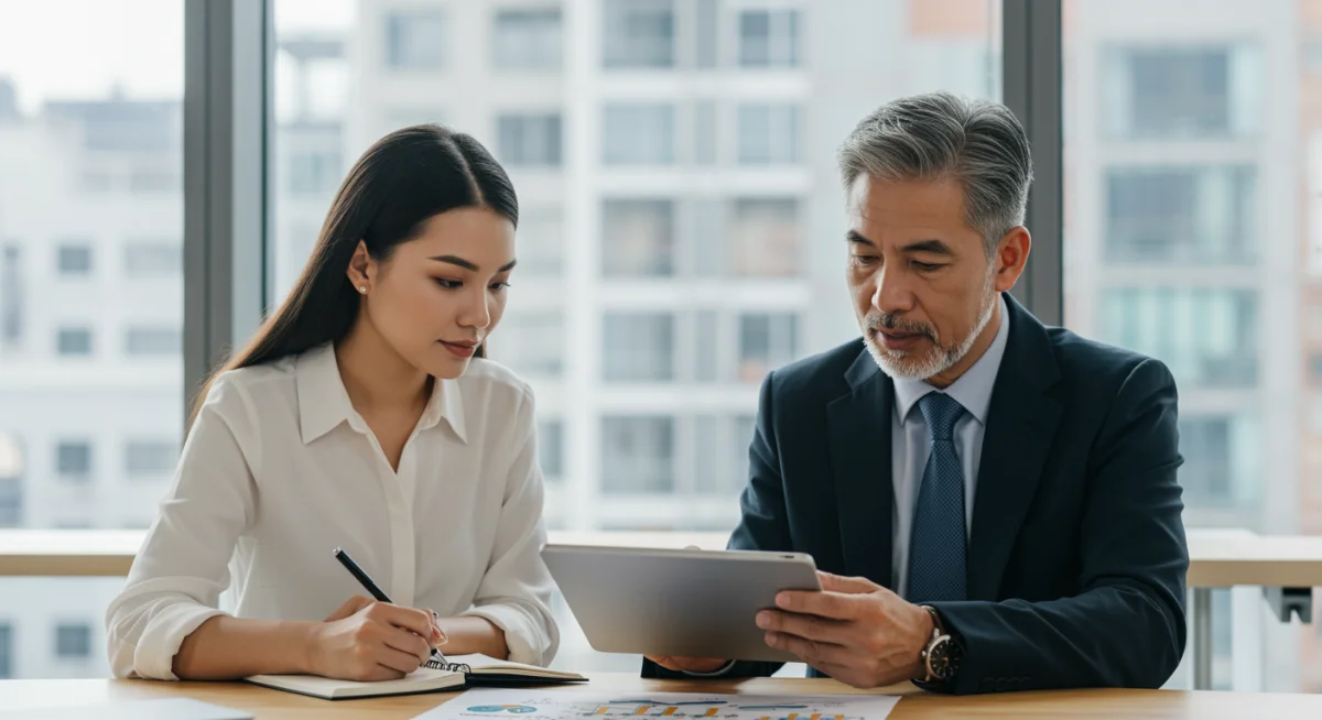 Mentor guiding mentee through a strategic career roadmap.