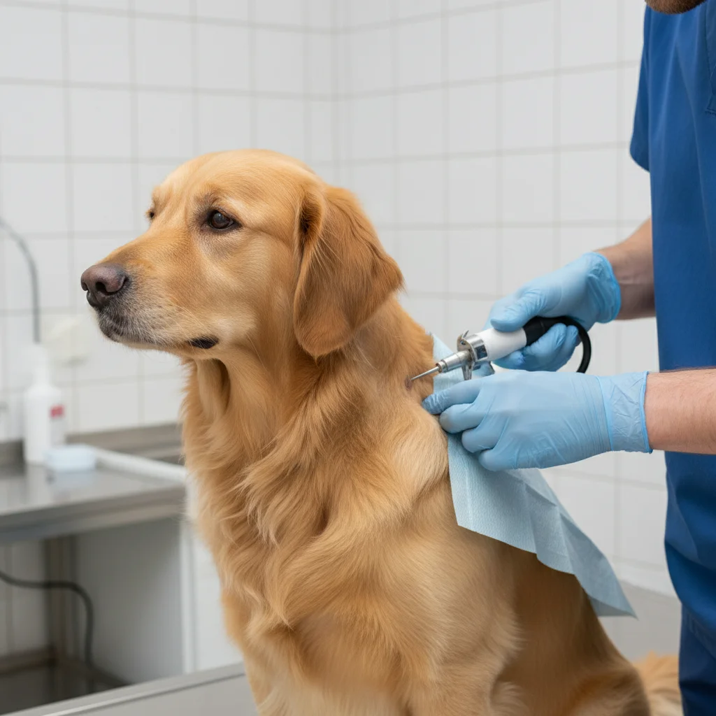 Veterinario implantando un microchip a un perro, ilustrando la identificación obligatoria de mascotas.