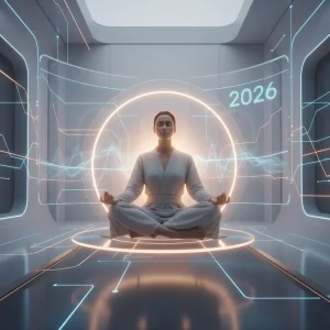 Mindfulness Digital 2026: Reducí el Estrés con 5 Minutos Diarios Persona meditando en un entorno digital futurista, simbolizando paz y atención plena en 2026.