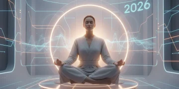 Persona meditando en un entorno digital futurista, simbolizando paz y atención plena en 2026.