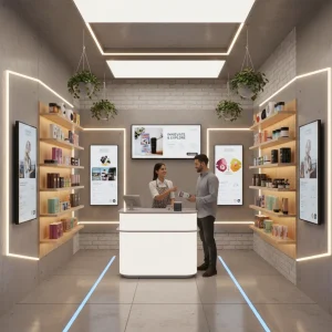 Modern small business retail store with digital displays and customer interaction