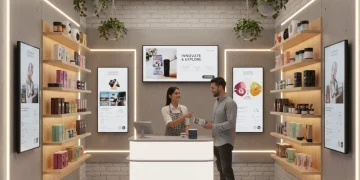 Modern small business retail store with digital displays and customer interaction