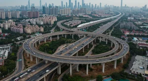 Modern highway and high-speed rail network with urban landscape