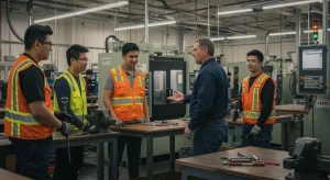Young apprentices learning in a modern US workshop with mentor guidance, symbolizing future job placement and paid training