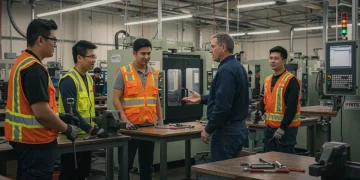 Young apprentices learning in a modern US workshop with mentor guidance, symbolizing future job placement and paid training