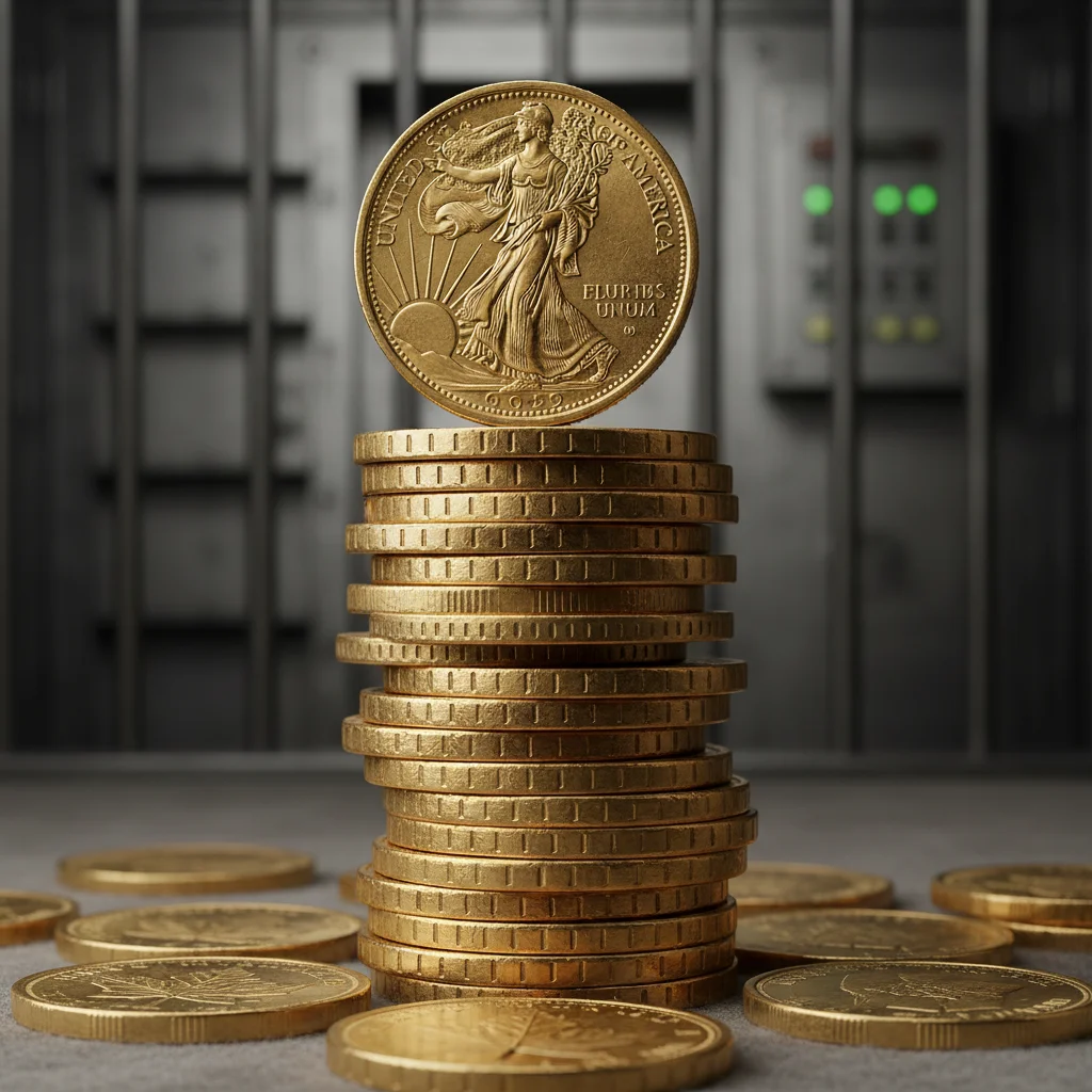 Primer plano de monedas de oro apiladas, representando la inversión en oro físico.