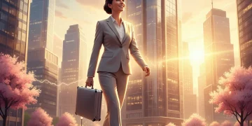 Mujer sonriente caminando hacia un futuro brillante, simbolizando autonomía económica y recuperación.