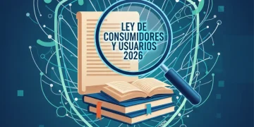 Mujer examinando detenidamente un documento legal con el título 'Ley de Consumidores y Usuarios 2026', simbolizando la revisión de nuevas normativas.