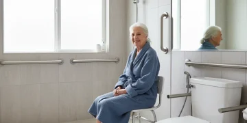 Mujer mayor sonriente en baño accesible y moderno, con barras de apoyo y ducha sin barreras.