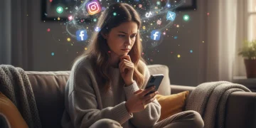 Mujer reflexionando mientras usa el móvil, rodeada de iconos de redes sociales.