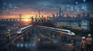 Futuristic infrastructure projects under construction, showing economic growth