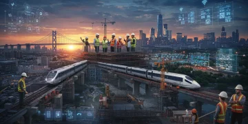 Futuristic infrastructure projects under construction, showing economic growth
