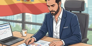 Hombre de negocios español analizando documentos fiscales con gráficos y un calendario, representando los cambios en el IVA 2026.