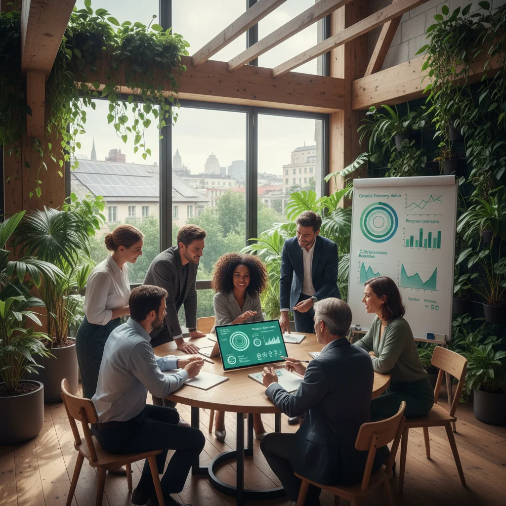Profesionales de negocios colaborando en un proyecto de economía circular, analizando datos de sostenibilidad en una oficina moderna.