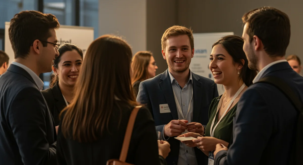 Recent graduates actively networking at a career event to find opportunities in the 2026 job market.