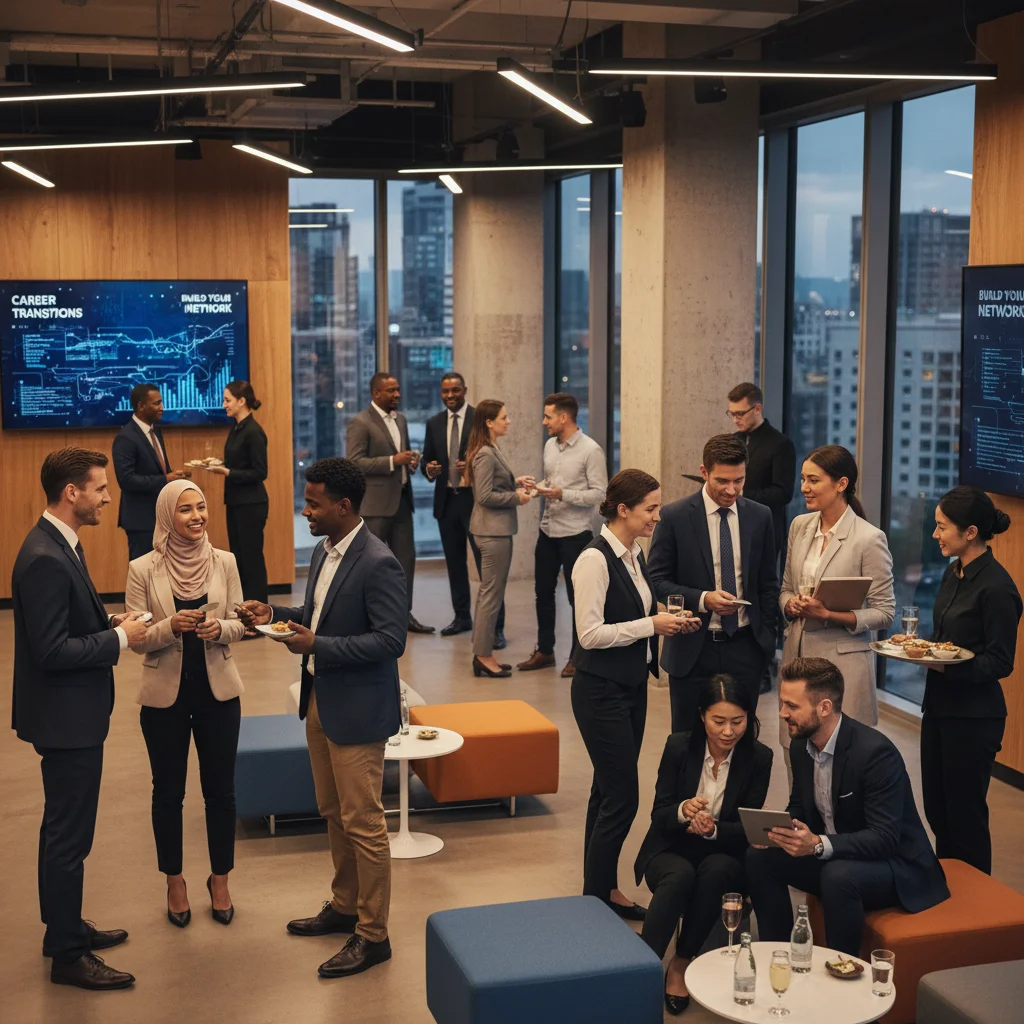 Professionals networking and building connections to support industry transition and career pivots.