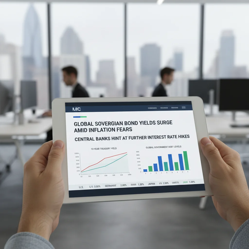 Persona consultando noticias financieras sobre bonos soberanos e intereses en una tablet.