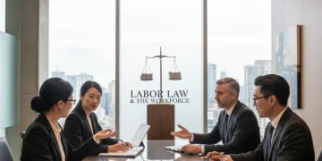 Grupo de profesionales analizando documentos sobre nuevas leyes laborales en España, con una balanza de la justicia al fondo.
