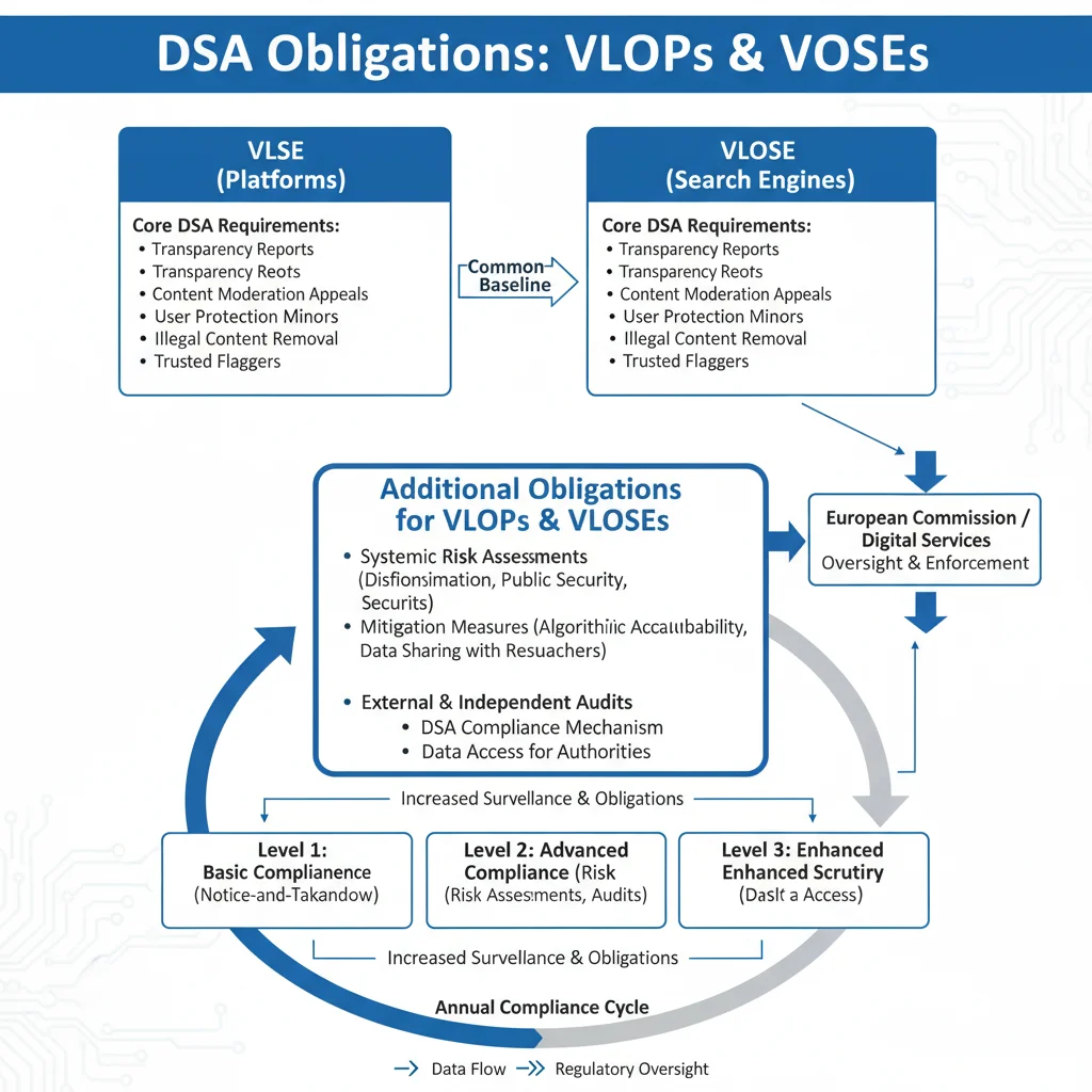 Diagrama de flujo con obligaciones específicas para VLOPs y VLOSEs bajo la Ley de Servicios Digitales (DSA).