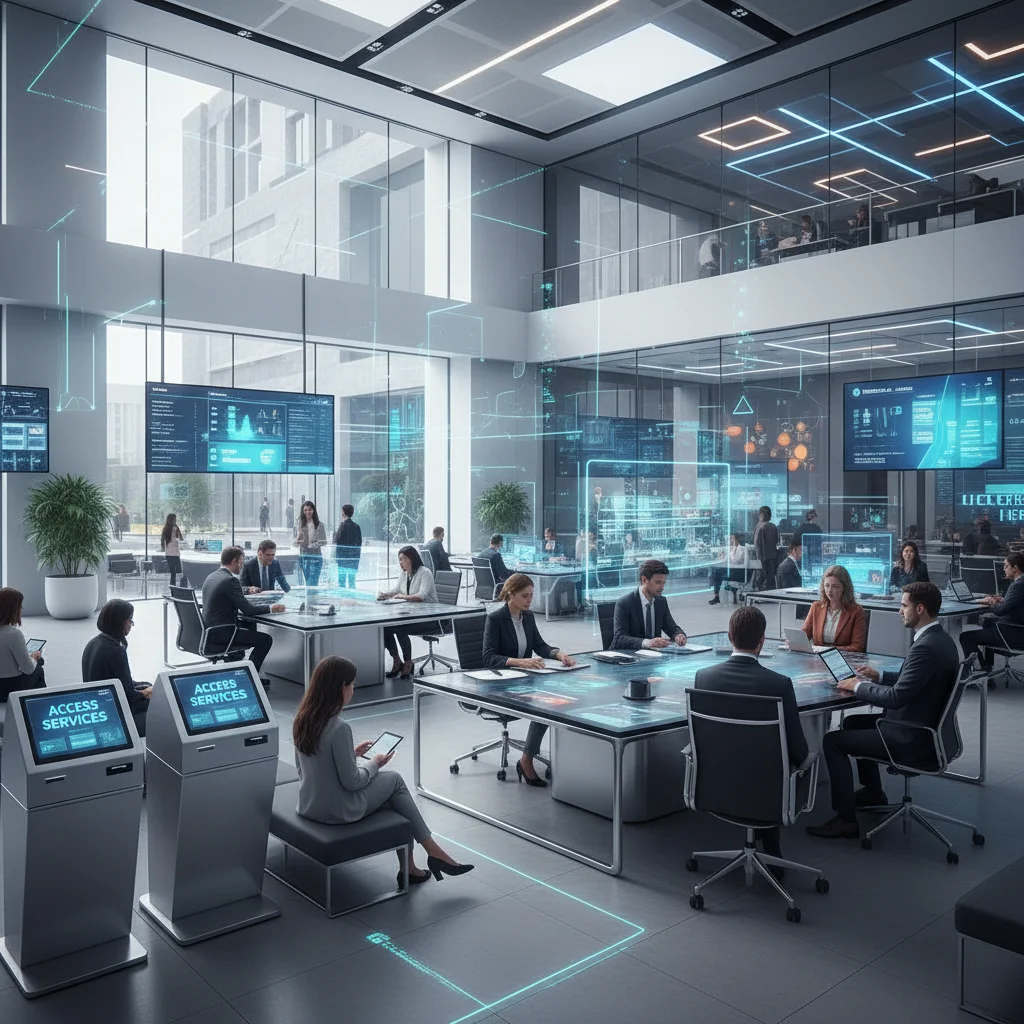Oficina gubernamental transformada en un centro digital eficiente con empleados y ciudadanos utilizando tecnología avanzada.