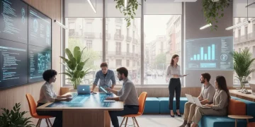 Oficina moderna de pyme española con empleados colaborando, simbolizando la digitalización y las ayudas económicas.