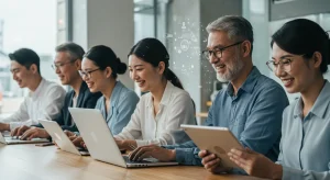Professionals engaged in online learning on various devices, representing career advancement through digital education in 2026.