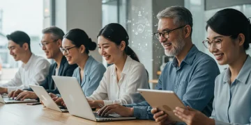 Professionals engaged in online learning on various devices, representing career advancement through digital education in 2026.