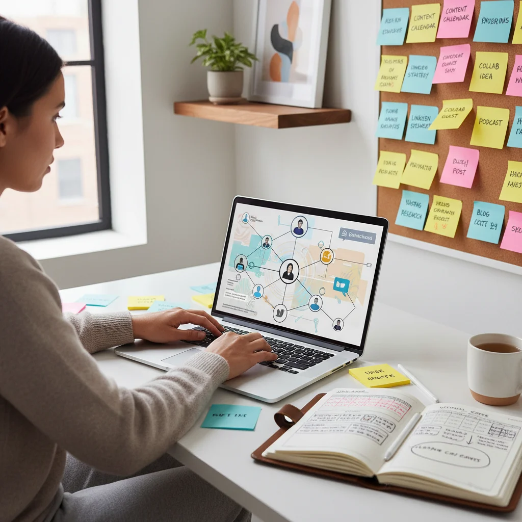 Individual planning online networking strategy on a laptop, emphasizing digital presence and personal branding.