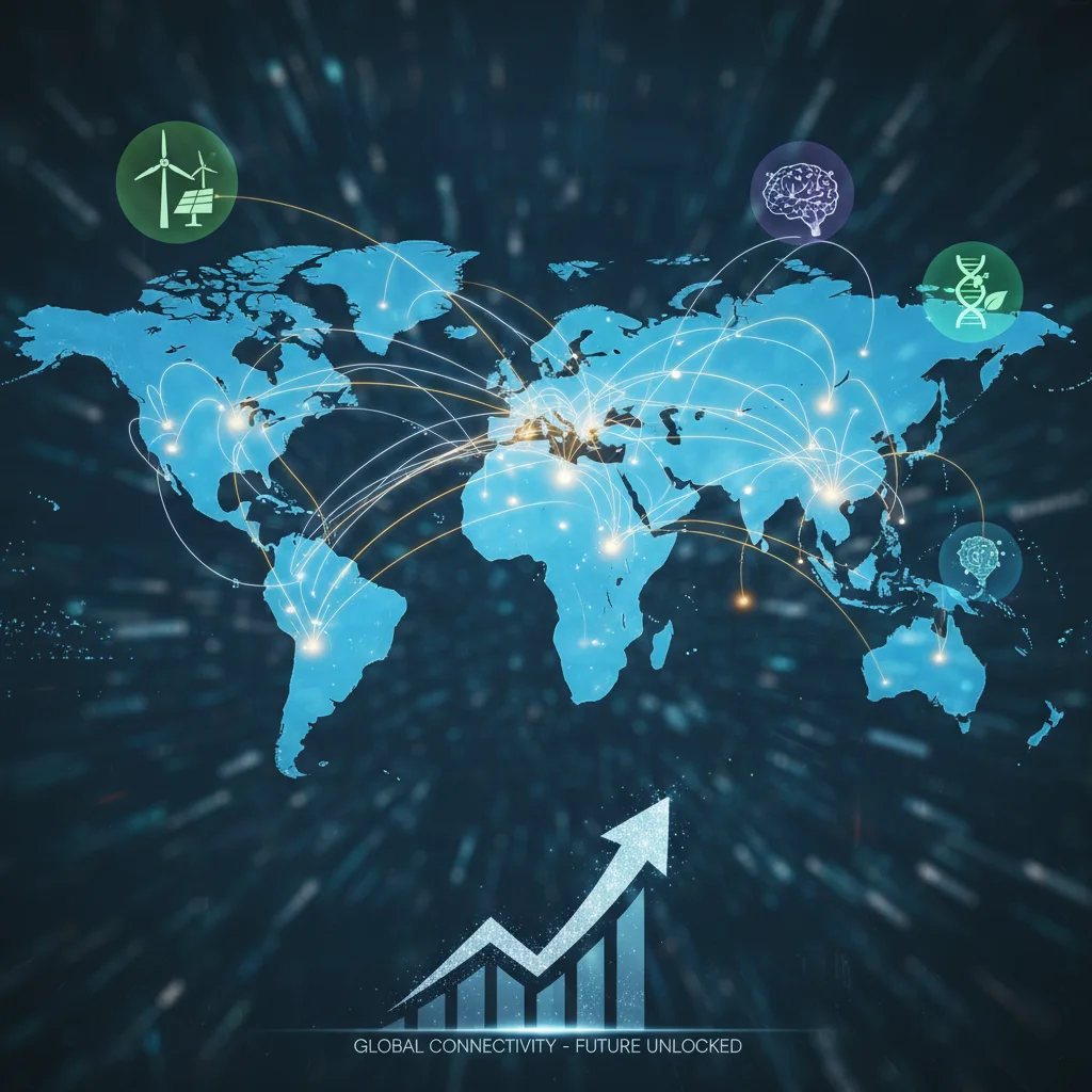 Mapa global con conexiones que representan oportunidades de inversión internacionales y sectores emergentes.