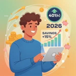 Illustration of growing 401(k) retirement savings in 2026 with a happy investor.