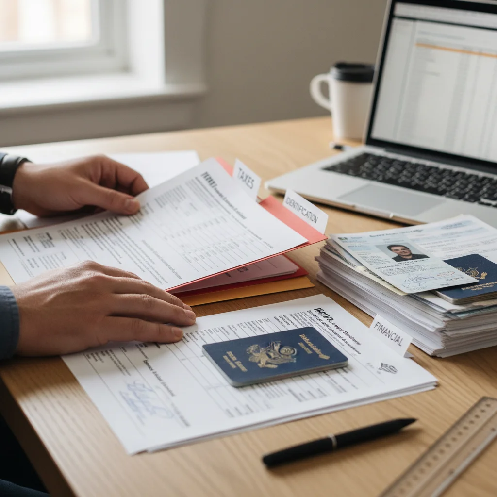Manos organizando meticulosamente documentos para solicitud de ayuda estatal