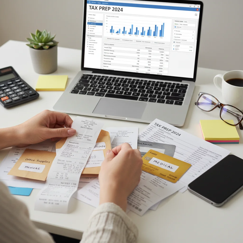 Woman organizing receipts for tax deduction records.