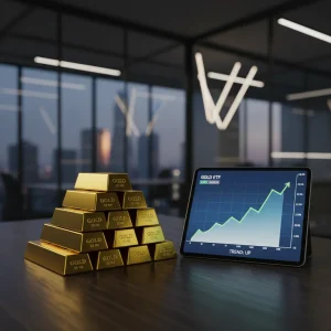 Oro Físico vs. ETFs de Oro: ¿Cuál Elegir en 2026? Guía Completa Comparación entre lingotes de oro físico y gráficos de ETFs de oro en una tablet, simbolizando la inversión.