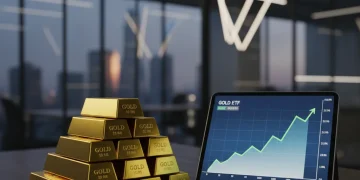 Comparación entre lingotes de oro físico y gráficos de ETFs de oro en una tablet, simbolizando la inversión.