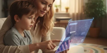 Padre e hijo interactuando con un smartphone, estableciendo límites digitales sanos