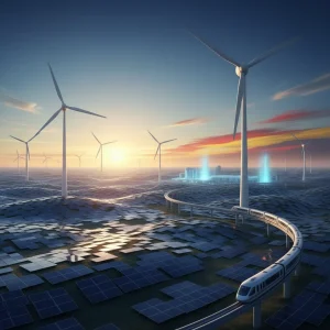 Paisaje energético español con turbinas eólicas y paneles solares, simbolizando la transición verde en 2026.