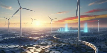 Paisaje energético español con turbinas eólicas y paneles solares, simbolizando la transición verde en 2026.