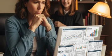 Parent reviewing Parent PLUS loan documents and financial charts on a laptop