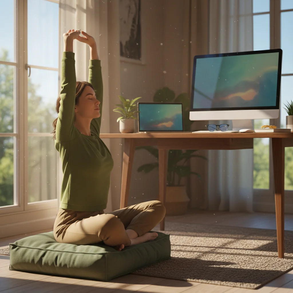 Persona tomando un descanso consciente de su pantalla, meditando o estirándose para recargar energía mental.