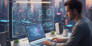 Persona concentrada trabajando en un entorno digital optimizado, con herramientas y tecnología avanzada.