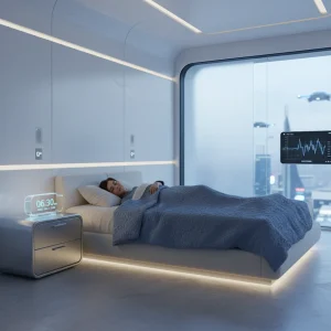 Tecnología y Sueño: 3 Cambios Simples para Mejorar tu Descanso en 2026 Persona durmiendo plácidamente en una habitación inteligente con tecnología de monitoreo de sueño.