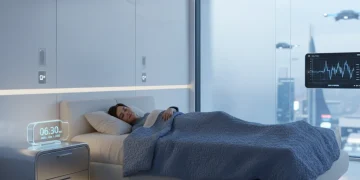 Persona durmiendo plácidamente en una habitación inteligente con tecnología de monitoreo de sueño.