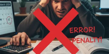 Persona estresada revisando documentos de IVA y calculadora, con un sello rojo de 'X' simbolizando errores y sanciones fiscales en España 2026.