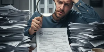 Persona frustrada revisando formularios de solicitud de ayudas estatales en España