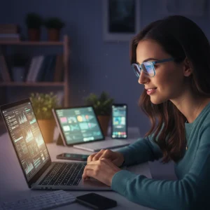Persona usando lentes para protegerse de la luz azul mientras trabaja en una laptop, simbolizando la prevención de la fatiga visual digital.