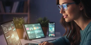 Persona usando lentes para protegerse de la luz azul mientras trabaja en una laptop, simbolizando la prevención de la fatiga visual digital.