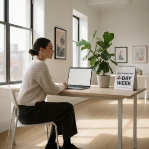 Desconexión Digital: Guía Definitiva Semana Laboral 4 Días 2026 sin Burnout Tecnológico Persona relajada en su escritorio con semana laboral de 4 días y desconexión digital